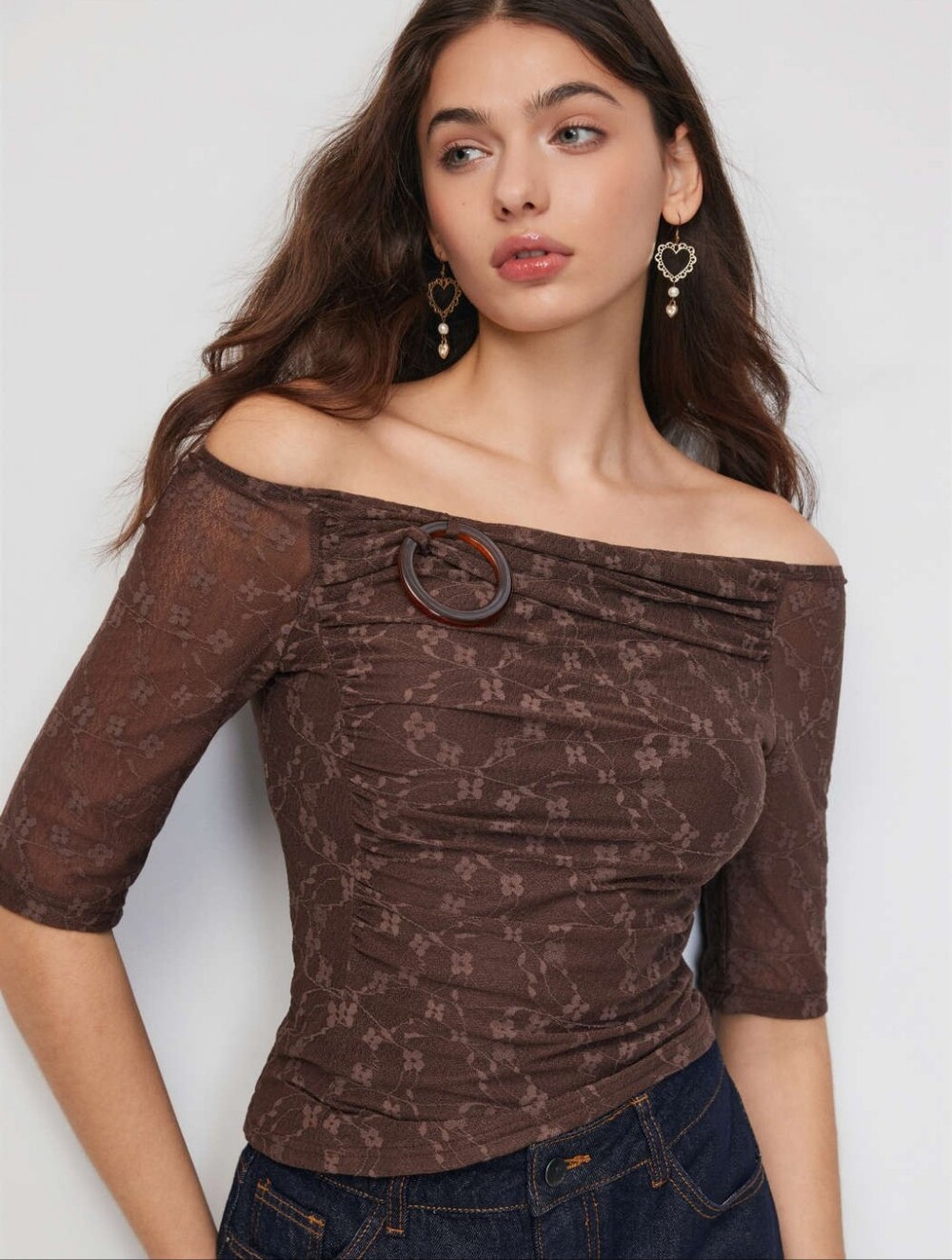 Cider Lace Floral Brown Mesh Off-shoulder Ruched Top Small Medium Asymmetrical